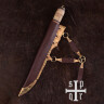 Vikingský nůž s damaškovou čepelí a rukojetí ze dřeva a kostiff s uzlovým vzorem