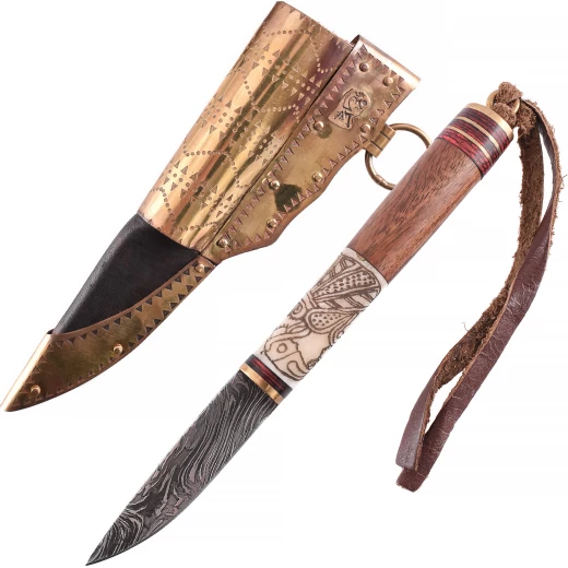 Vikinský nůž s damaškovou čepelí a rukojetí ze dřeva a kosti s motivem Hugina a Munina