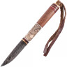 Vikinský nůž s damaškovou čepelí a rukojetí ze dřeva a kosti s motivem Hugina a Munina