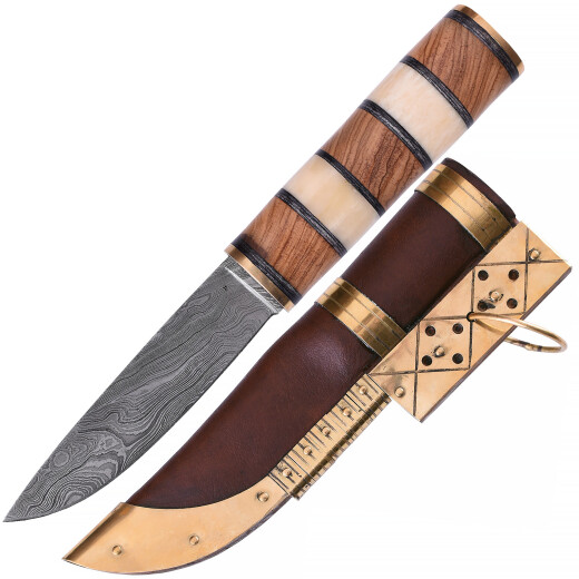 Vikingský nůž s damaškovou čepelí a rukojetí ze dřeva a kosti