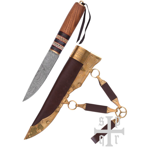Vikingský nůž s damaškovou čepelí a dřevěnou rukojetí zdobenou kostí