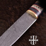 Vikingský nůž s damaškovou čepelí a dřevěnou rukojetí zdobenou kostí