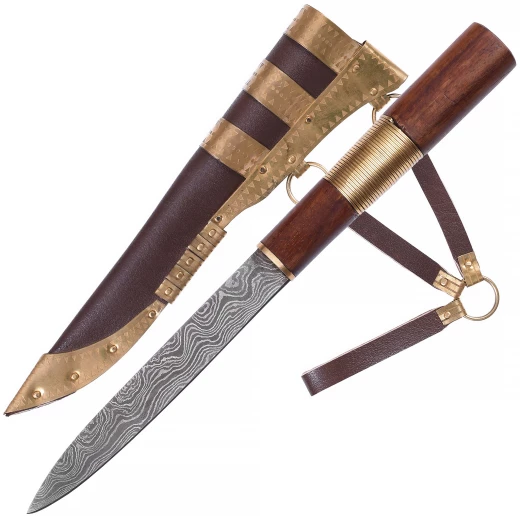 Viking Knife with Damascus Steel Blade and Wood-and-Brass Handle