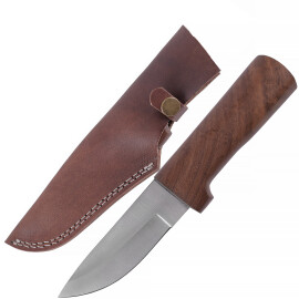 Outdoorknife with wooden shisham grip, incl. leather scabbard