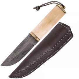 Damascus Steel Utility Knife with Bone Handle and Leather Sheath