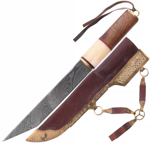 Broken Back Seax, Viking Knife with Damascus Steel Blade and Wood-and-Bone Handle