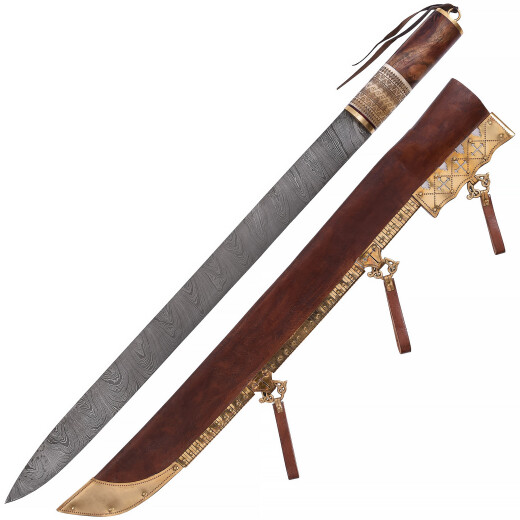 Birka Long Seax, Viking Sax Knife with Damascus Steel Blade and Wood-and-Bone Handle