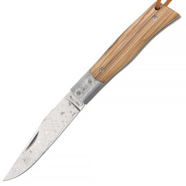 Damascus steel pocket knife with olive wood handle
