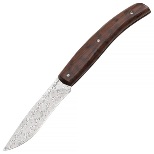 Damascus steel pocket knife with snakewood handle