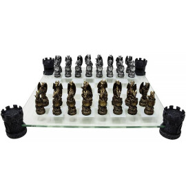 Šachy Draci, zlaté a stříbrné šachové figurky se skleněnou šachovnicí