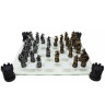Šachy Draci, zlaté a stříbrné šachové figurky se skleněnou šachovnicí