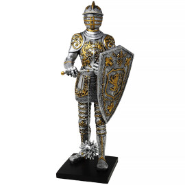 56cm figure of armored knight with shield and morning star