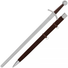 Battle-ready sword 94cm with disc pommel a leather-covered wooden scabbard