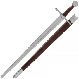 Battle-ready sword 92cm with disc pommel and leather-covered wooden scabbard