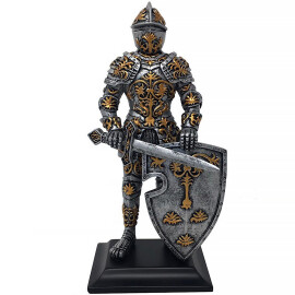 Knight figure with sword and lily shield