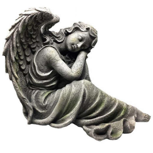 Zahradní socha anděl 37cm sedící opírající hlavu o koleno, šedo-zelená patina