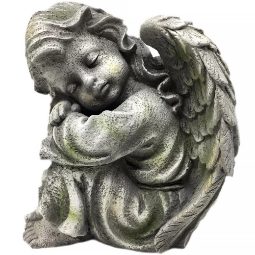 Garden angel 24cm sitting, head left, grey-green patina