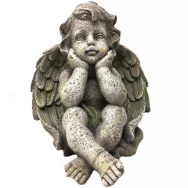 Zahradní socha anděl 27cm sedící s hlavou v dlaních, šedo-zelená patina