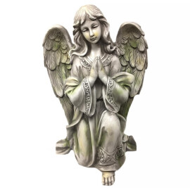 Garden angel 37cm kneeling, praying, grey-green patina