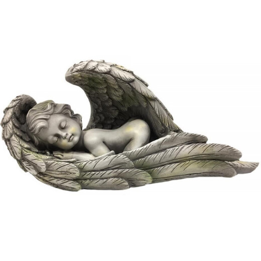 Zahradní socha anděl 18x41cm dítě spící na andělských křídlech, šedo-zelená patina
