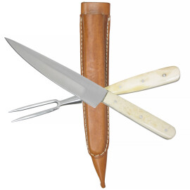 Středověký nůž a vidlička s kostěnými střenkami v koženém pouzdře
