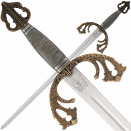 El Cidův krátký meč Tizona, záštita a hlavice s mosazným povrchem