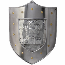 Metal shield with embossed castle