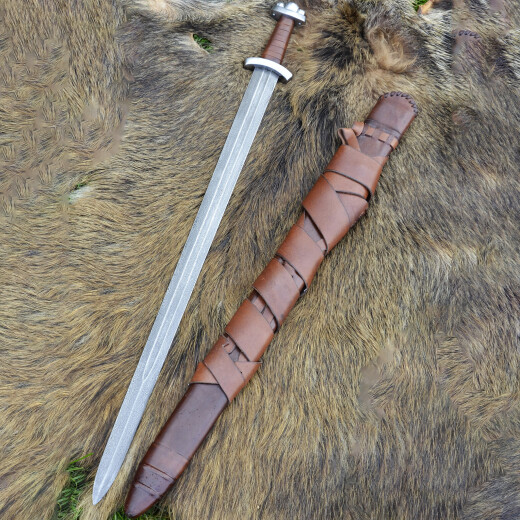 Raný vikinský meč Godfred s pochvou, čepel z Damaškové oceli