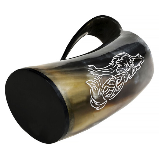 Horn Tankard Beer Mug with engraved Wolf 600ml