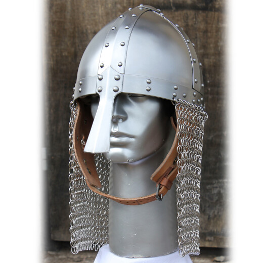 Conical nasal helmet with short aventail - M, 1.3mm Gauge 17, brushed, matt finish, leather liner (so called parachute), incl. or without aventail