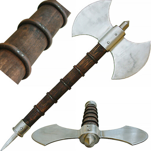 Double bladed axe with a haft spike - sharp (0,5-1,0mm), not for HEMA!, oil-quenched spring steel DIN 54SiCr6, approx. 54 HRC