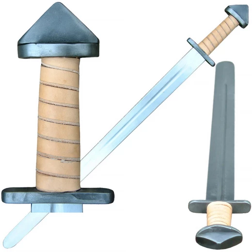 Vikinský meč Skofnung, Třída B - přírodní barva kůže (nebarveno) ostré (0,5-1,0mm), nevhodné na šerm!