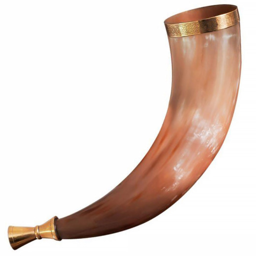 Heimdall Gjallarhorn, Horn Trumpet with Brass Mouthpiece and Embossed Brim
