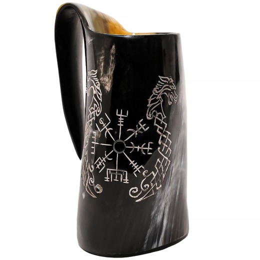 Středověký Vikingský korbel na pivo z rohu s rytinou Vegvisir & Draci 450ml