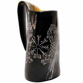 Středověký Vikingský korbel na pivo z rohu s rytinou Vegvisir & Draci 450ml