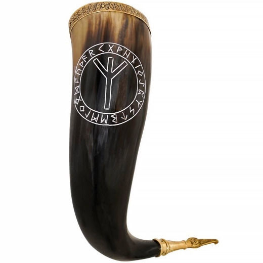 Drinking Horn with hand-carved Algiz Protection Rune, embossed brass brim and tip, 400-500 ml