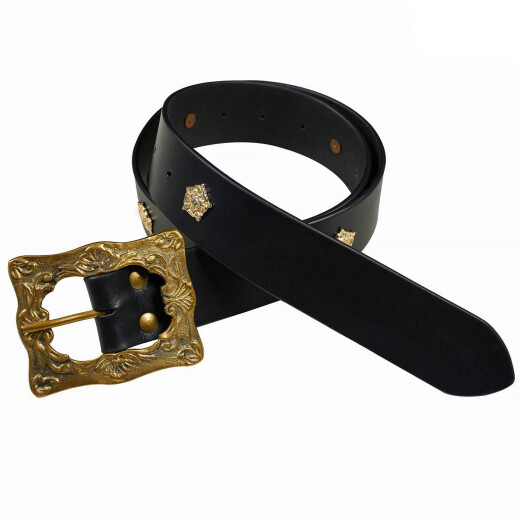 152cm black leather belt with brass buckle, around 1660 - 1720, top quality!
