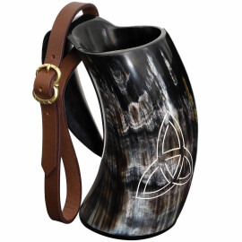 Drinking Horn Tankard 400ml with Triquetra Simple Pattern and Buckled Leather Strap