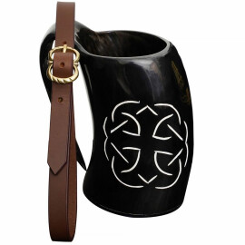 Drinking Horn Tankard 600ml with Square Celtic Knot Pattern and Buckled Leather Strap