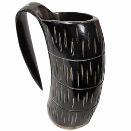 Drinking Horn Tankard 600ml with Hand-Carved Line Pattern and Buckled Leather Strap