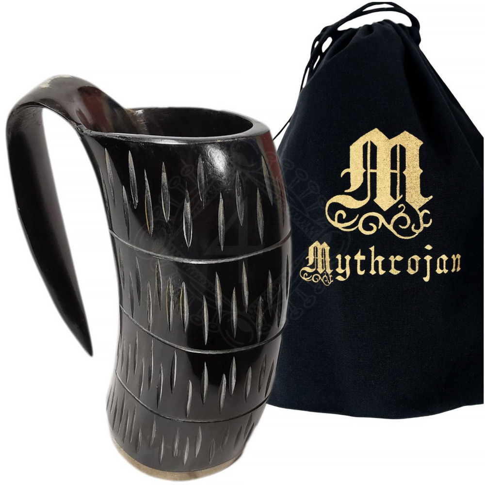 Drinking Horn Tankard 600ml with HandCarved Line Pattern and Buckled