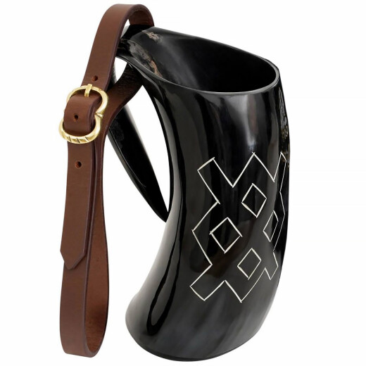 Drinking Horn Tankard 600ml with Celtic Node Happiness Pattern and Buckled Leather Strap