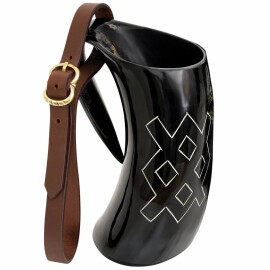 Drinking Horn Tankard 600ml with Celtic Node Happiness Pattern and Buckled Leather Strap