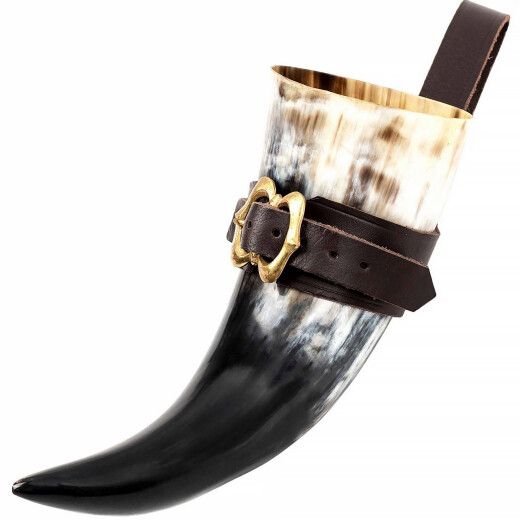 600ml Drinking Horn with Buckled Leather Holder, Premium Quality
