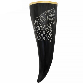 Drinking Horn with Hand-Carved Fenrir Wolf and Brass Brim