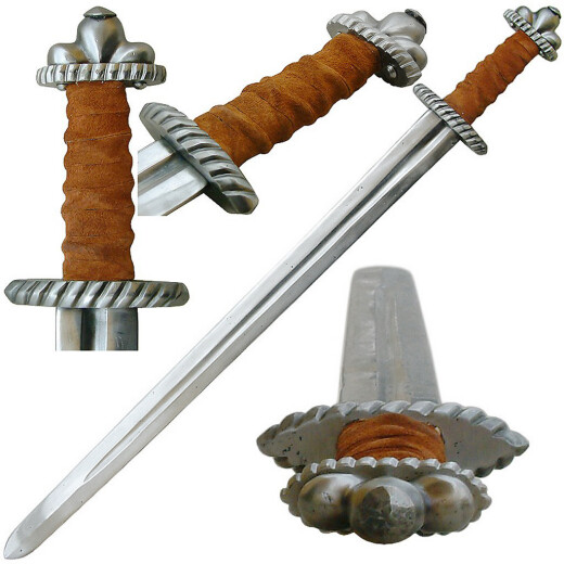 Viking sword SNORRI, class B - brown leather, polished, sharp (0,5-1,0 mm), not for HEMA!, rolled in an industrial way