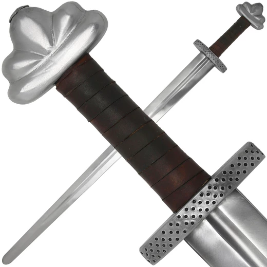 Vikinský meč Thrainn, Třída B - hnědá kůže kartáčovaná, matná ostré (0,5-1,0 mm), nevhodné na šerm! průmyslově válcovaná