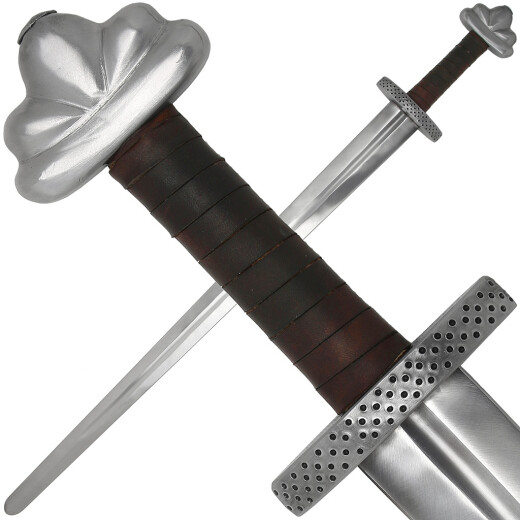 Viking sword Thrainn, class B - brown leather, brushed, matt finish, sharp (0,5-1,0 mm), not for HEMA!, rolled in an industrial way