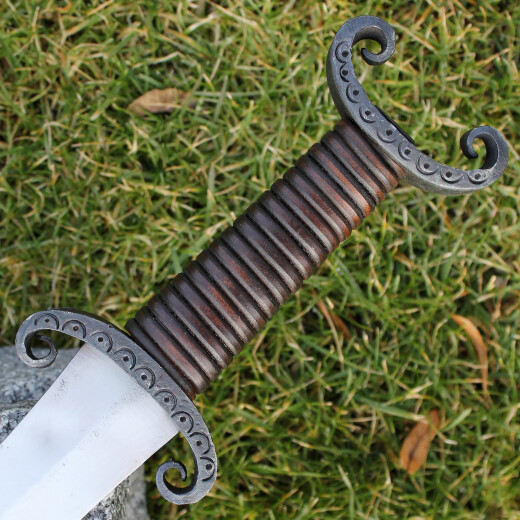 Keltisches Kurzschwert Morcant, Schaukampfklasse B - braunes Leder, gebürstet, matt, scharf (0,5-1,0 mm), nicht für Schaukampf!, mit Scheide
