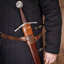 Leather sword belt with shiny ring buckle